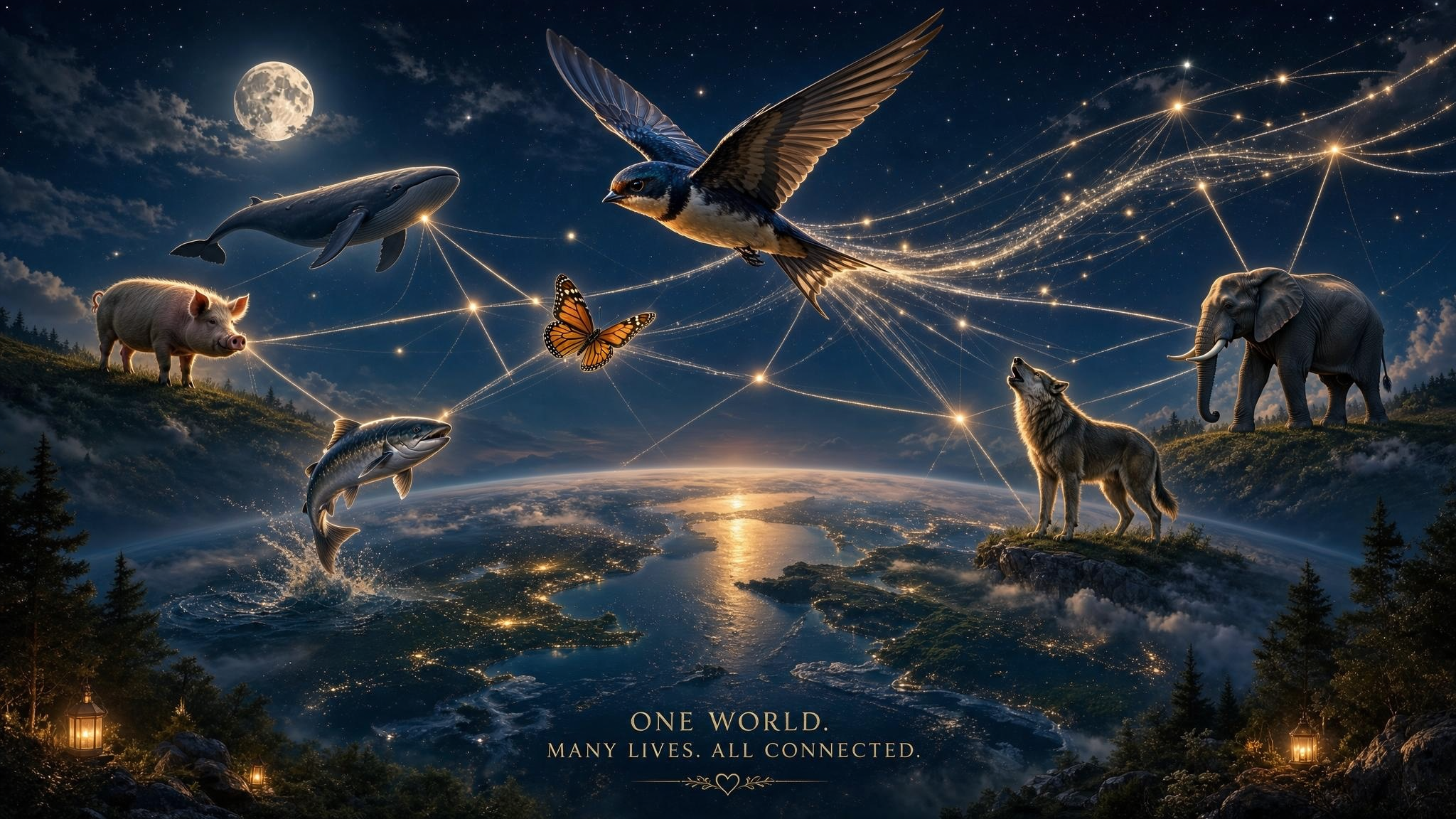 Animal Welfare Hub: One World, Many Lives, All Connected — a swallow in flight above a luminous web of animal silhouettes